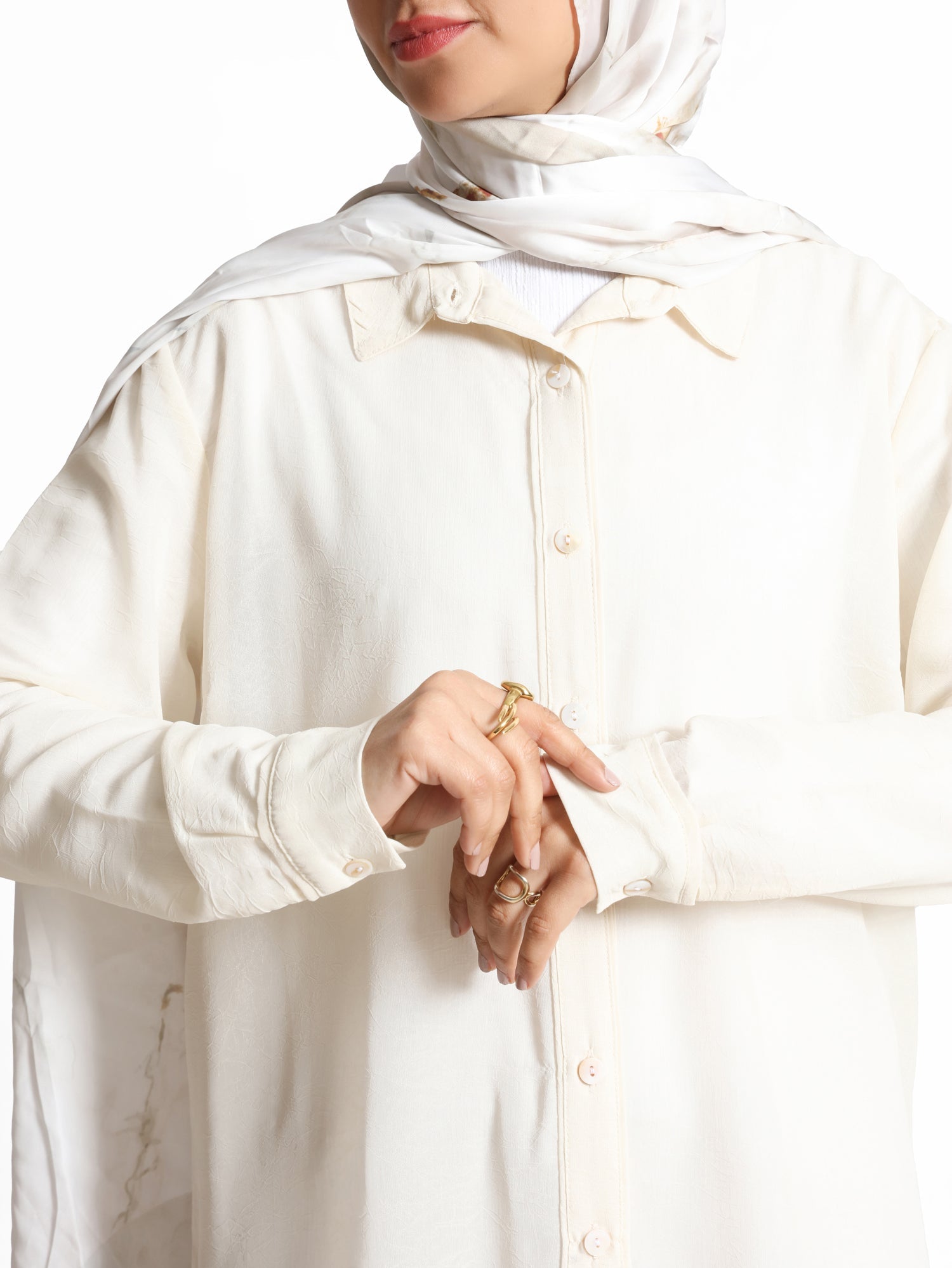 Chiffon Button Down Shirt in off white, black, or white—lightweight and polished, a wardrobe essential for effortless sophistication