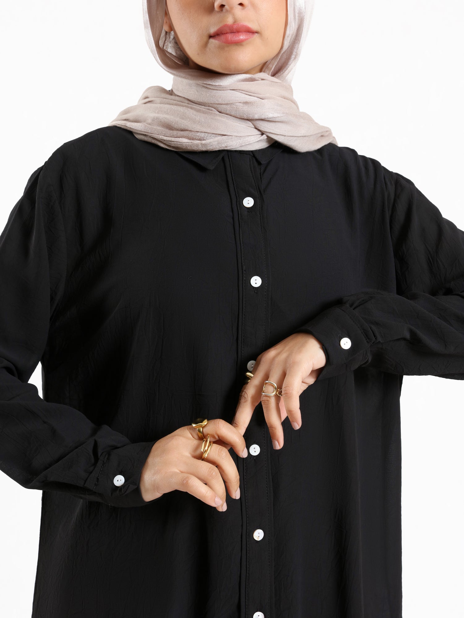 Chiffon Button Down Shirt in off white, black, or white—lightweight and polished, a wardrobe essential for effortless sophistication