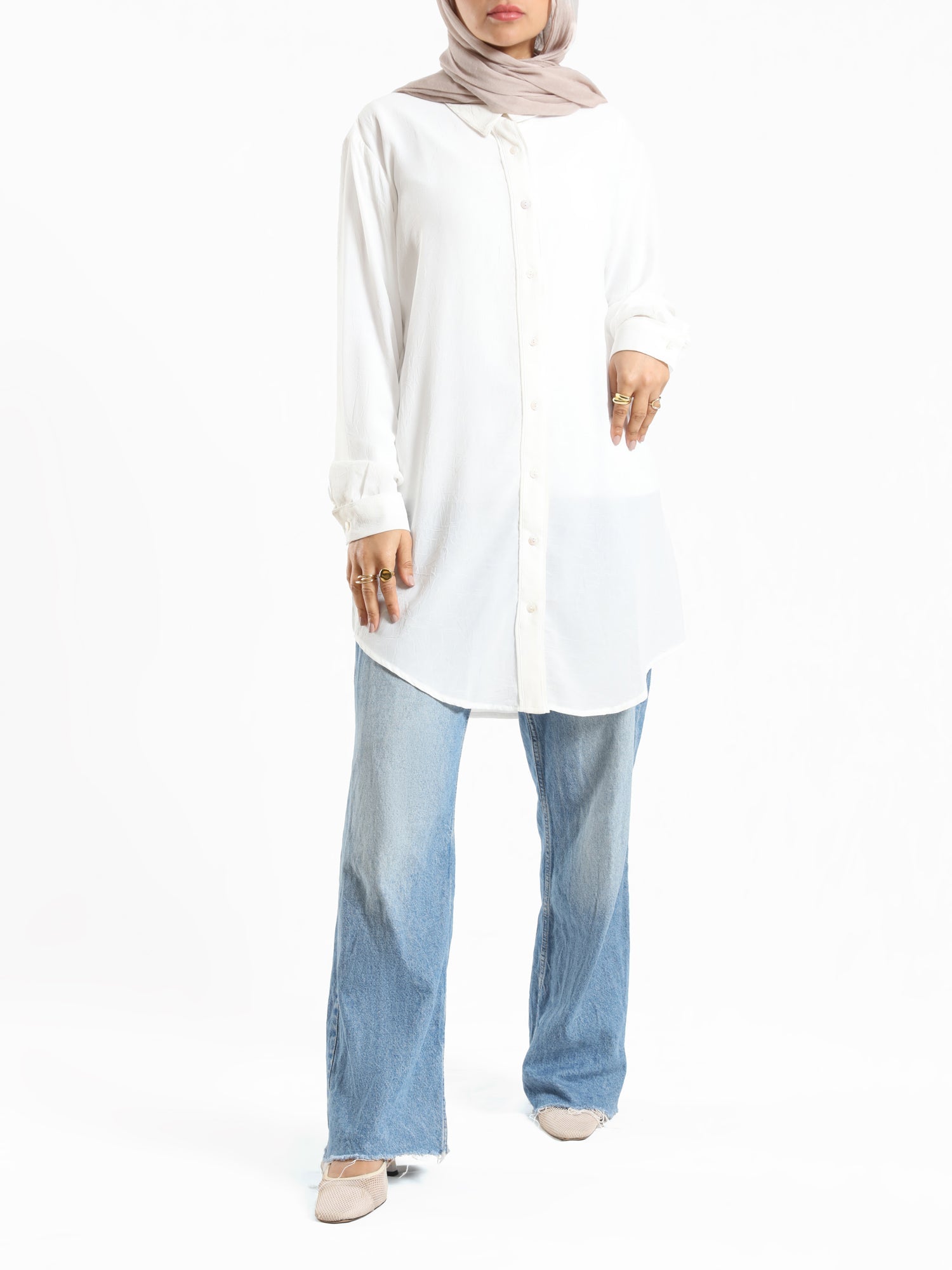 Chiffon Button Down Shirt in off white, black, or white—lightweight and polished, a wardrobe essential for effortless sophistication