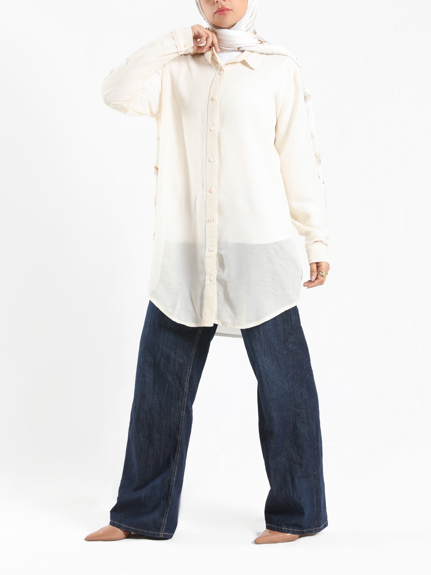 Chiffon Button Down Shirt in off white, black, or white—lightweight and polished, a wardrobe essential for effortless sophistication