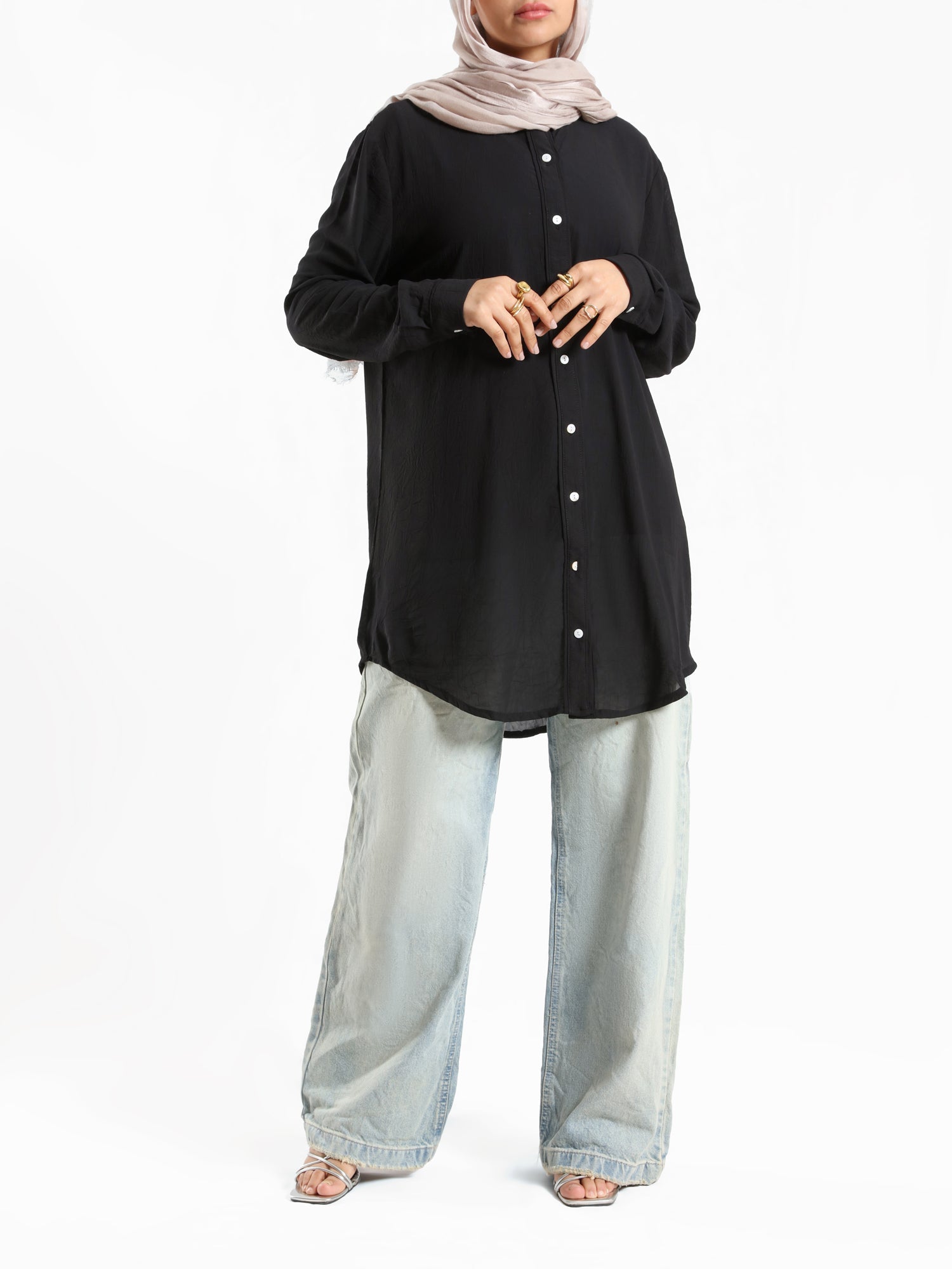 Chiffon Button Down Shirt in off white, black, or white—lightweight and polished, a wardrobe essential for effortless sophistication