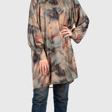 Classy Satin Top in printed cotton-poly satin with luxe finish and rich brown, gold, and olive tones—a modest statement piece for refined styling