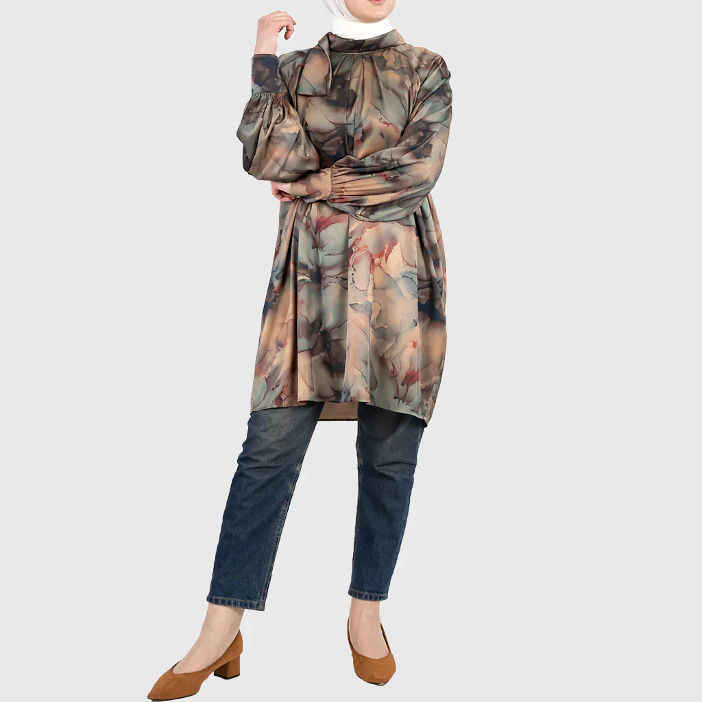 Classy Satin Top in printed cotton-poly satin with luxe finish and rich brown, gold, and olive tones—a modest statement piece for refined styling