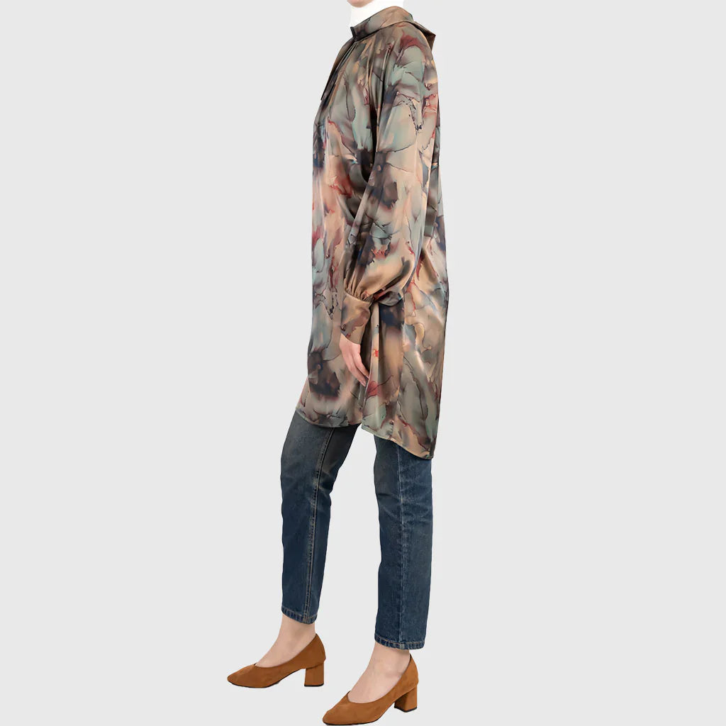 Classy Satin Top in printed cotton-poly satin with luxe finish and rich brown, gold, and olive tones—a modest statement piece for refined styling