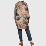 Classy Satin Top in printed cotton-poly satin with luxe finish and rich brown, gold, and olive tones—a modest statement piece for refined styling