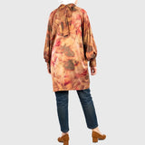 Classy Satin Top in printed cotton-poly satin with luxe finish and rich brown, gold, and olive tones—a modest statement piece for refined styling