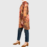 Classy Satin Top in printed cotton-poly satin with luxe finish and rich brown, gold, and olive tones—a modest statement piece for refined styling