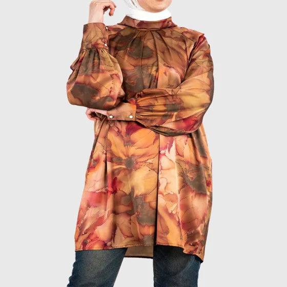 Classy Satin Top in printed cotton-poly satin with luxe finish and rich brown, gold, and olive tones—a modest statement piece for refined styling