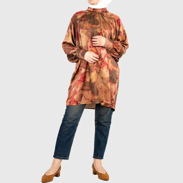 Classy Satin Top in printed cotton-poly satin with luxe finish and rich brown, gold, and olive tones—a modest statement piece for refined styling