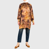 Classy Satin Top in printed cotton-poly satin with luxe finish and rich brown, gold, and olive tones—a modest statement piece for refined styling