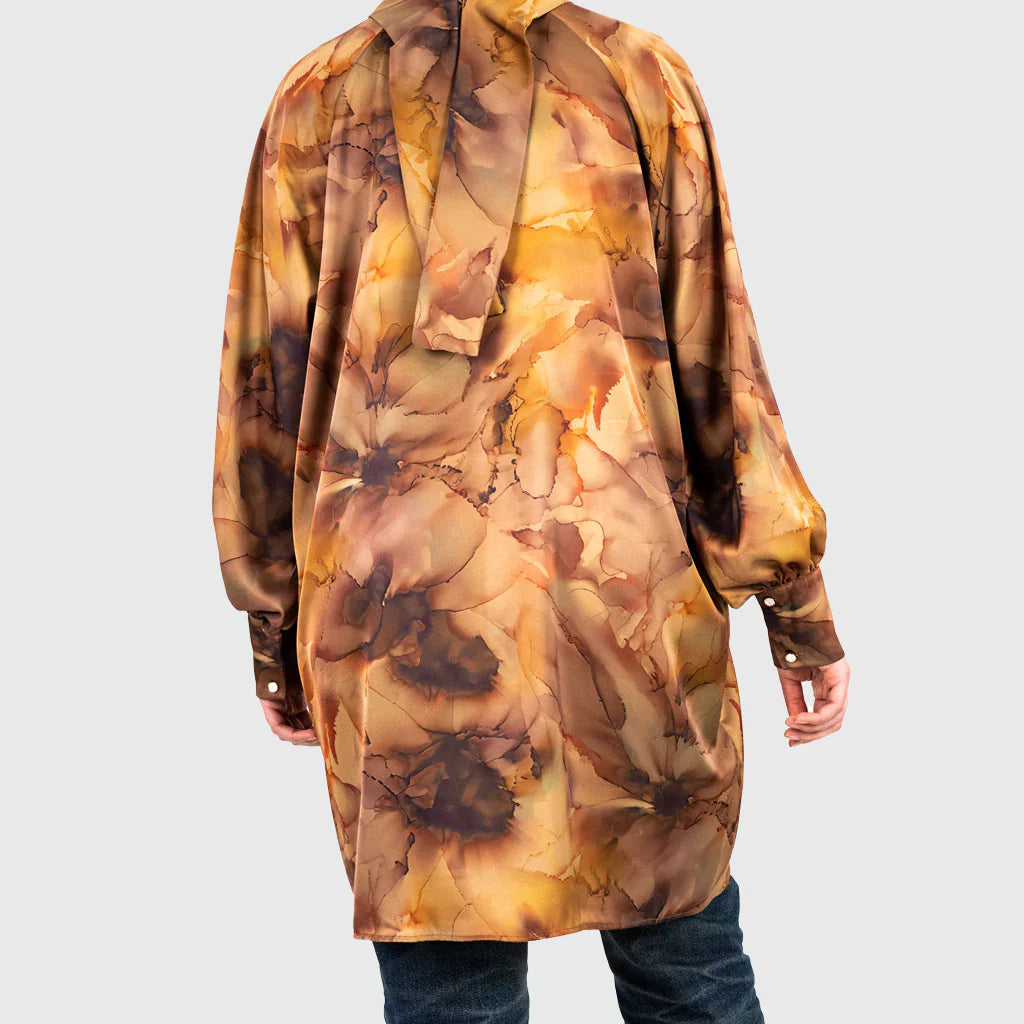 Classy Satin Top in printed cotton-poly satin with luxe finish and rich brown, gold, and olive tones—a modest statement piece for refined styling