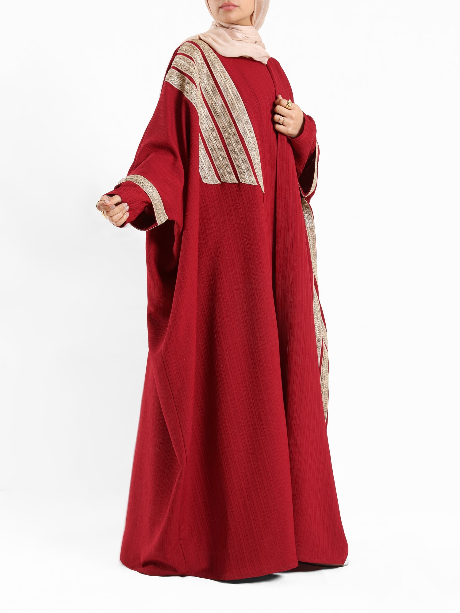 Burgundy kaftan with gold detailing – elegant modest fashion collection