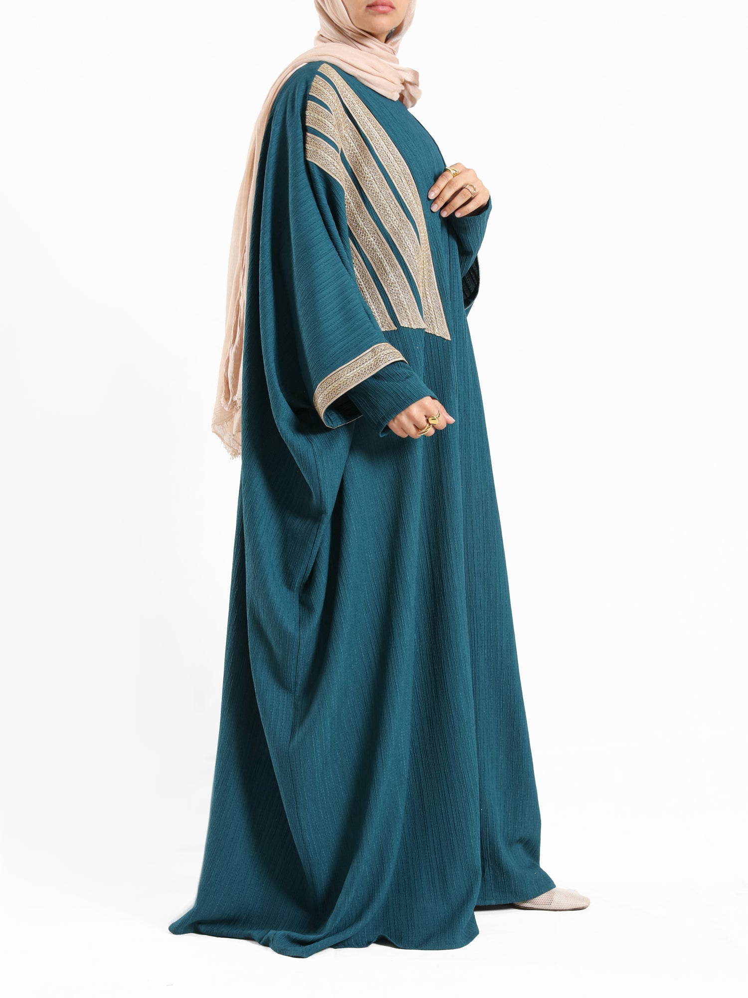 Royal Green kaftan with gold detailing – elegant modest fashion collection