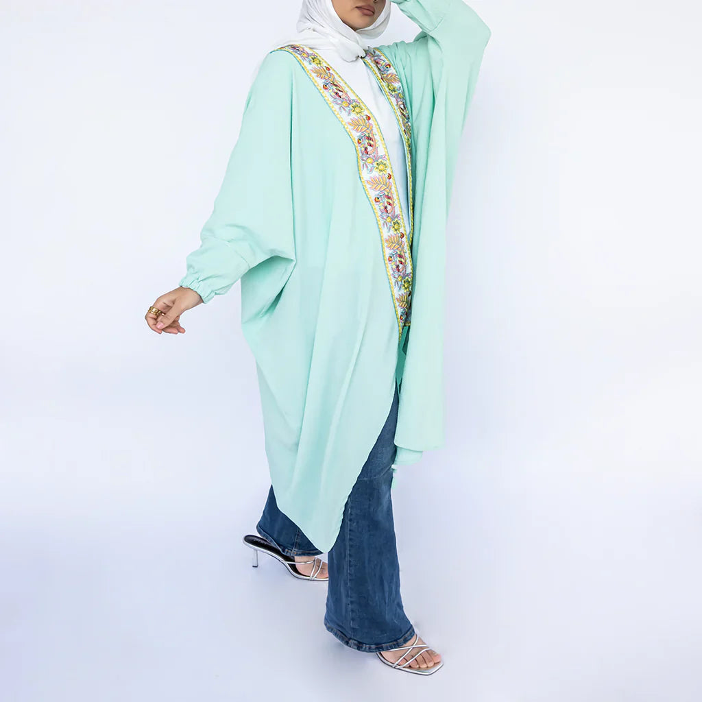 Colorful Cascade High-Low Kaftan in linen-cotton blend with shimmering polyester and flowy asymmetric hem—a modest free-size statement in lime green or baby blue