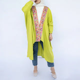 Colorful Cascade High-Low Kaftan in linen-cotton blend with shimmering polyester and flowy asymmetric hem—a modest free-size statement in lime green or baby blue