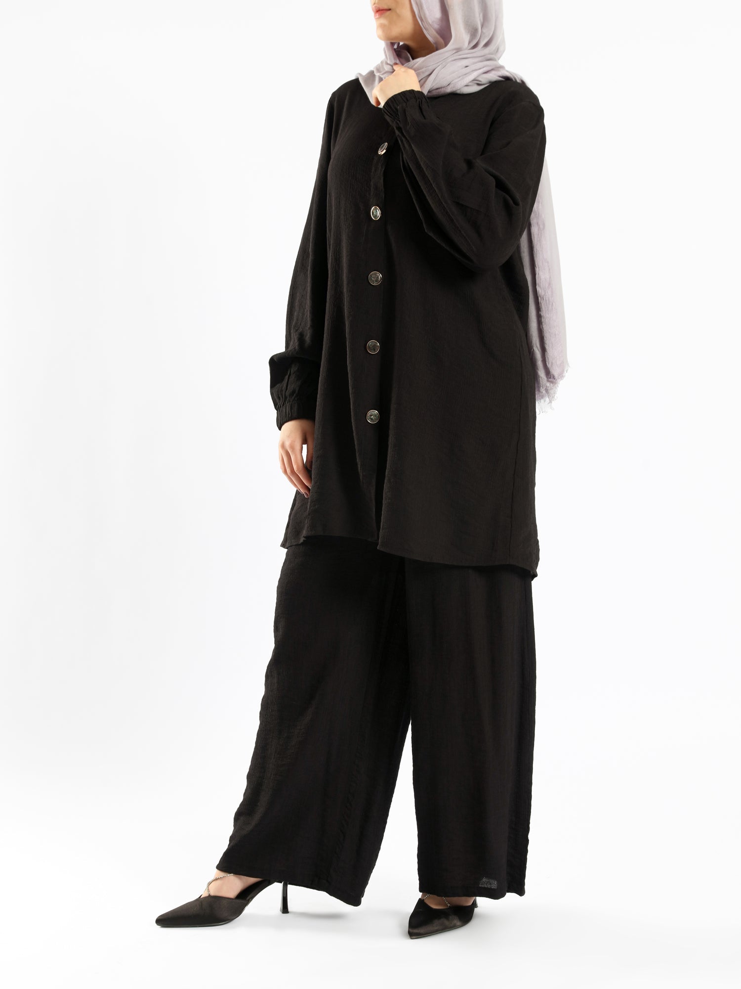 Effortless Bloom Set in ripped viscose blend with wide-leg pants, a breezy black co-ord for Eid or warm summer days