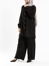 Effortless Bloom Set in ripped viscose blend with wide-leg pants, a breezy black co-ord for Eid or warm summer days
