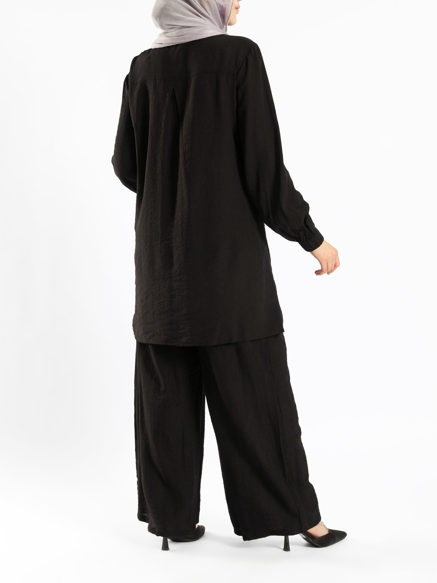 Effortless Bloom Set in ripped viscose blend with wide-leg pants, a breezy black co-ord for Eid or warm summer days