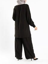 Effortless Bloom Set in ripped viscose blend with wide-leg pants, a breezy black co-ord for Eid or warm summer days