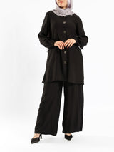 Effortless Bloom Set in ripped viscose blend with wide-leg pants, a breezy black co-ord for Eid or warm summer days