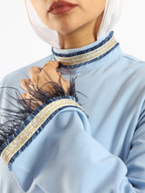 Elegant Fur Dress in 100% Turkish cotton, a luxurious modest kaftan in red or baby blue for elevated summer occasions