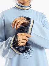 Elegant Fur Dress in 100% Turkish cotton, a luxurious modest kaftan in red or baby blue for elevated summer occasions