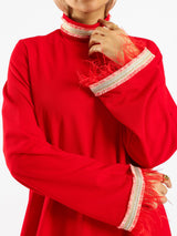 Elegant Fur Dress in 100% Turkish cotton, a luxurious modest kaftan in red or baby blue for elevated summer occasions