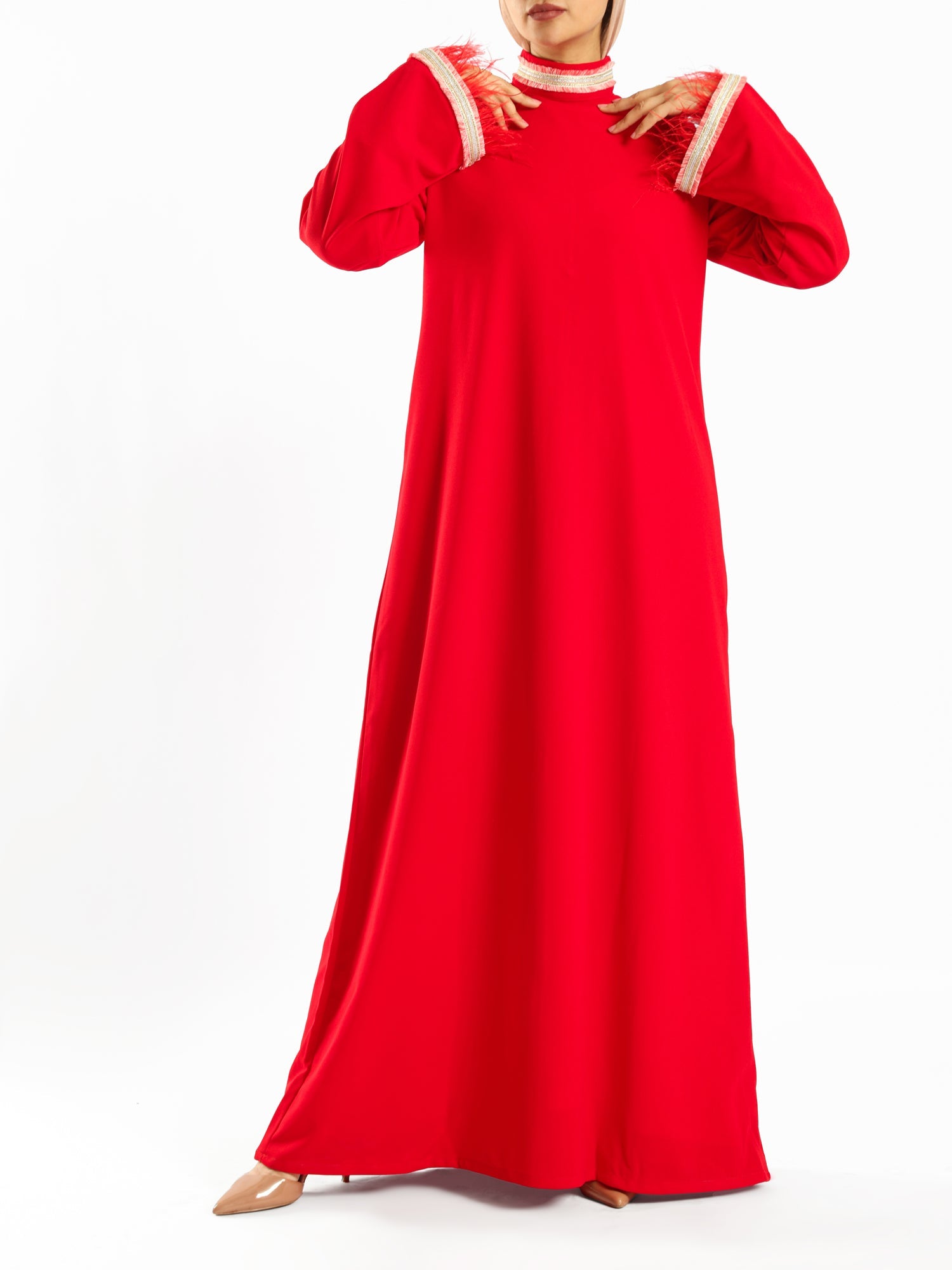 Elegant Fur Dress in 100% Turkish cotton, a luxurious modest kaftan in red or baby blue for elevated summer occasions
