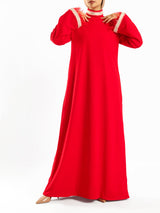 Elegant Fur Dress in 100% Turkish cotton, a luxurious modest kaftan in red or baby blue for elevated summer occasions