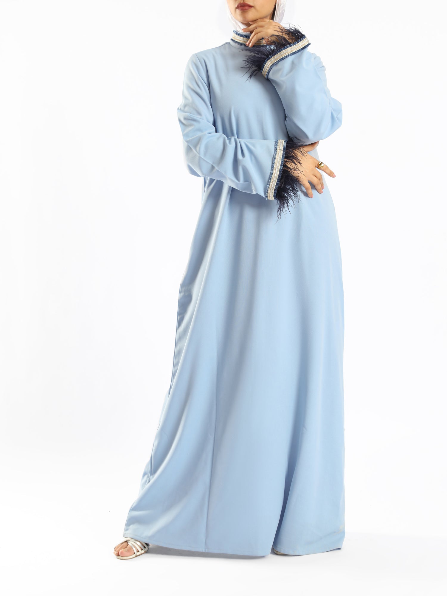 Elegant Fur Dress in 100% Turkish cotton, a luxurious modest kaftan in red or baby blue for elevated summer occasions