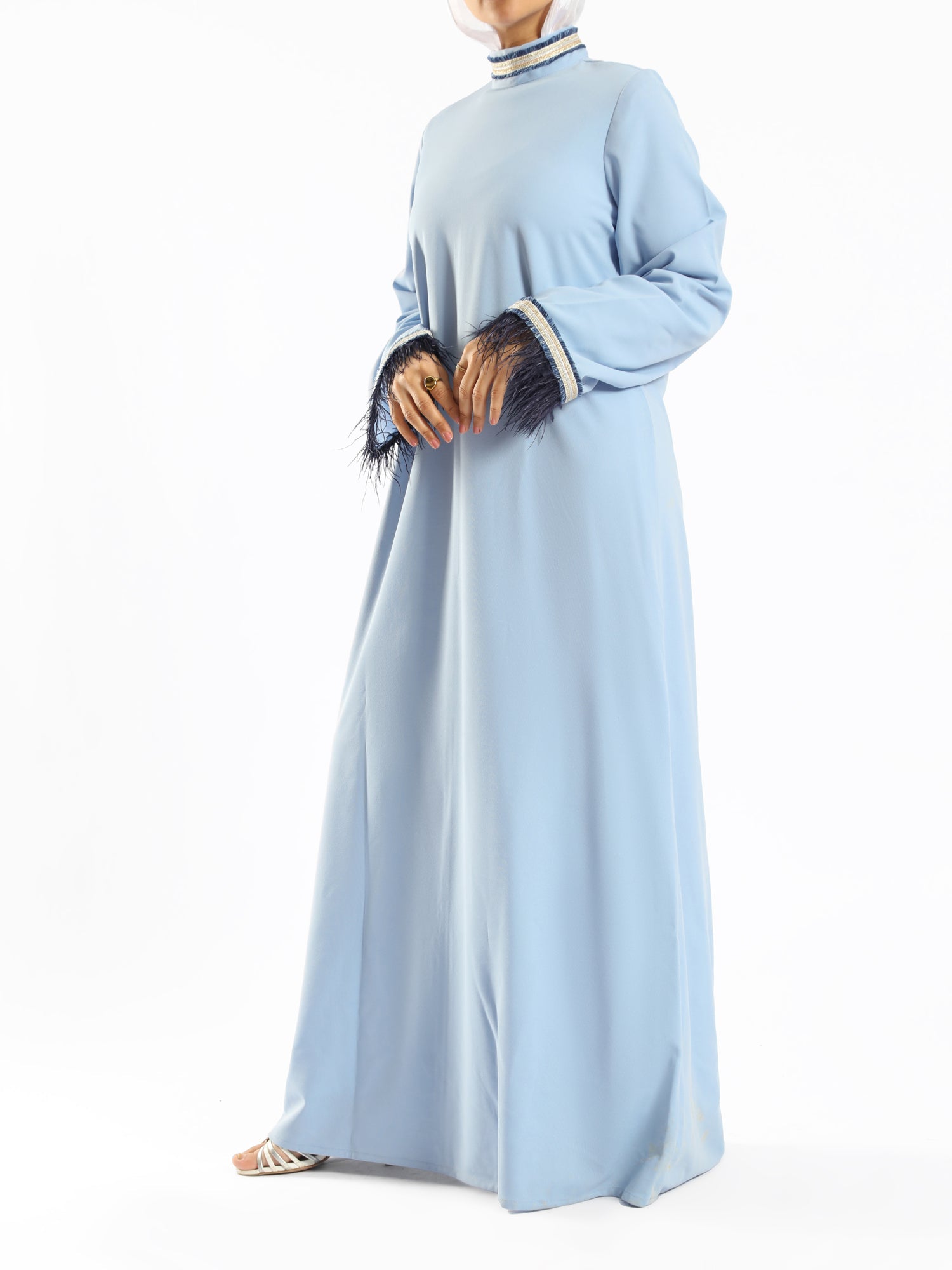 Elegant Fur Dress in 100% Turkish cotton, a luxurious modest kaftan in red or baby blue for elevated summer occasions