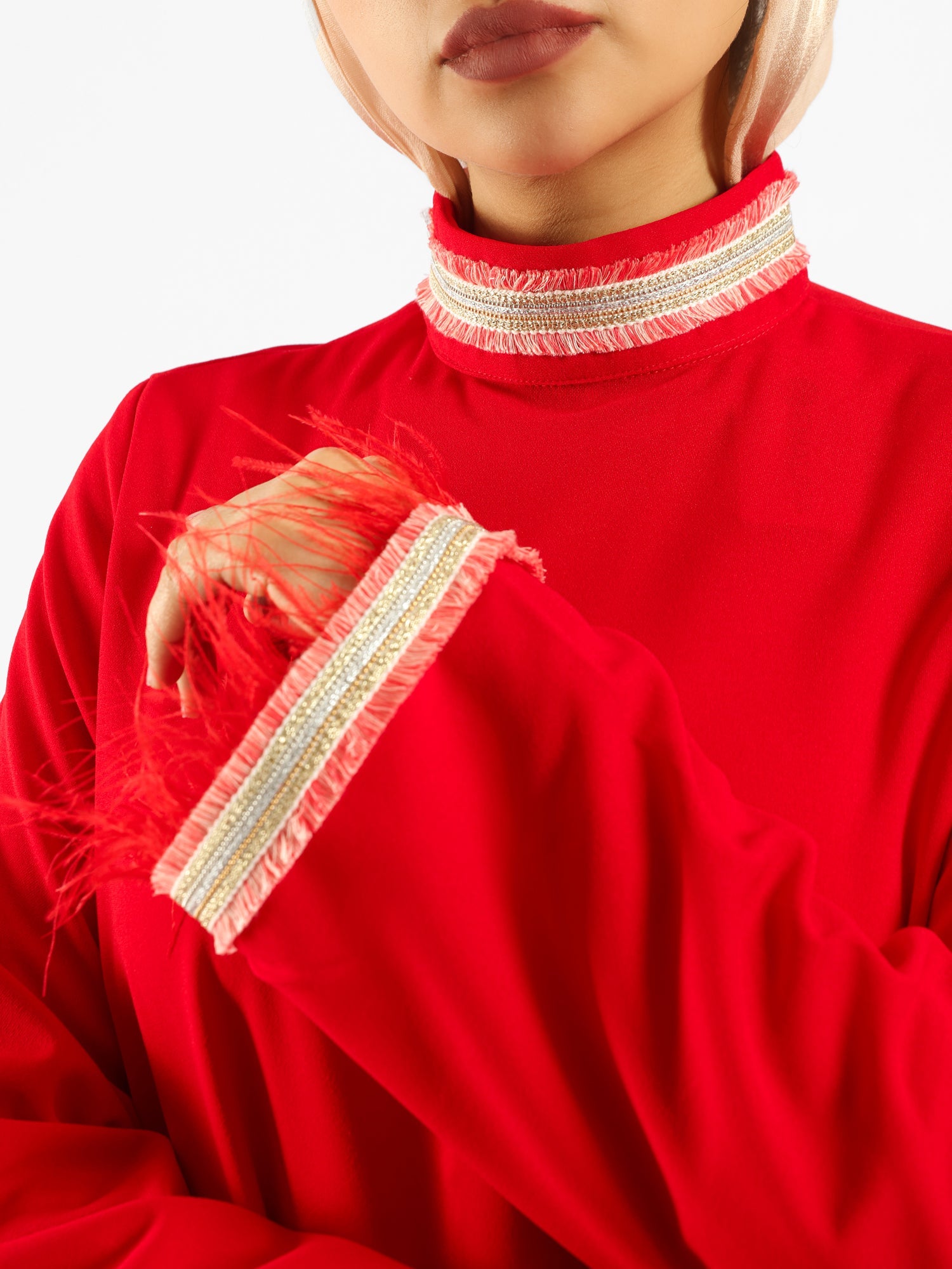 Elegant Fur Dress in 100% Turkish cotton, a luxurious modest kaftan in red or baby blue for elevated summer occasions