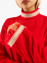 Elegant Fur Dress in 100% Turkish cotton, a luxurious modest kaftan in red or baby blue for elevated summer occasions