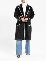 Elegant Suede Coat in black wool with engraved stitching, a long modest winter coat blending warmth, sophistication, and timeless style