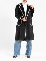 Elegant Suede Coat in black wool with engraved stitching, a long modest winter coat blending warmth, sophistication, and timeless style