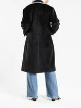 Elegant Suede Coat in black wool with engraved stitching, a long modest winter coat blending warmth, sophistication, and timeless style