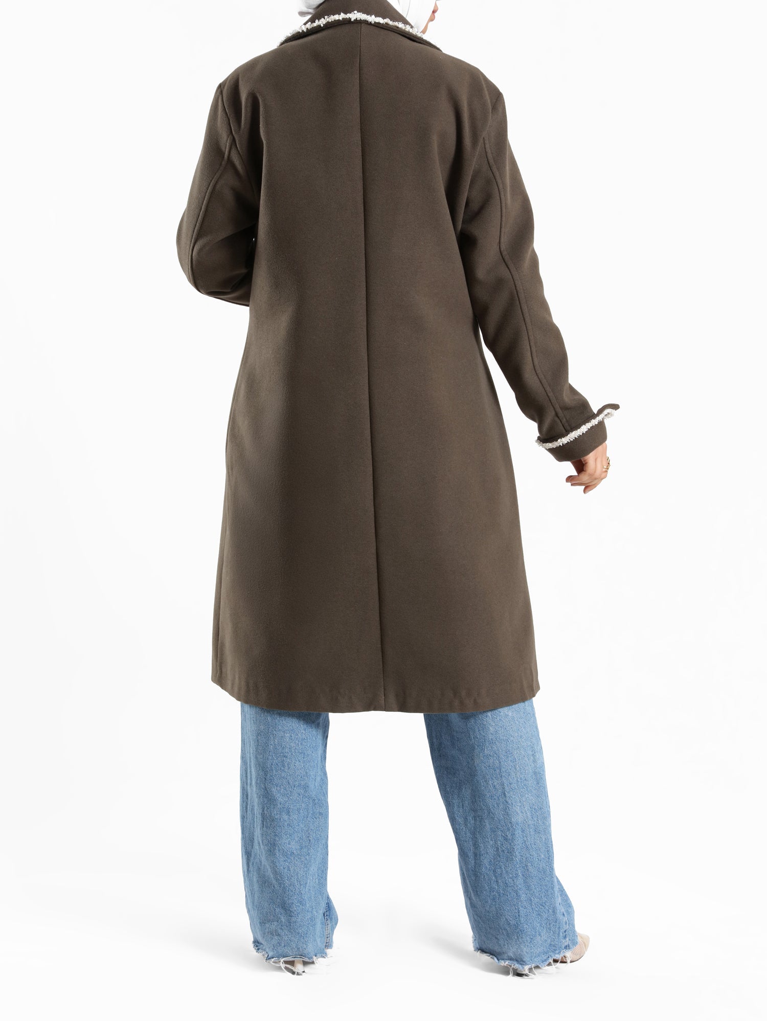 Elegant Wool Coat in warm wool fabric, available in olive and dark beige, blending modest style with seasonal comfort