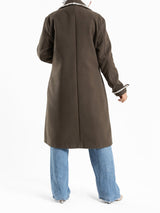 Elegant Wool Coat in warm wool fabric, available in olive and dark beige, blending modest style with seasonal comfort