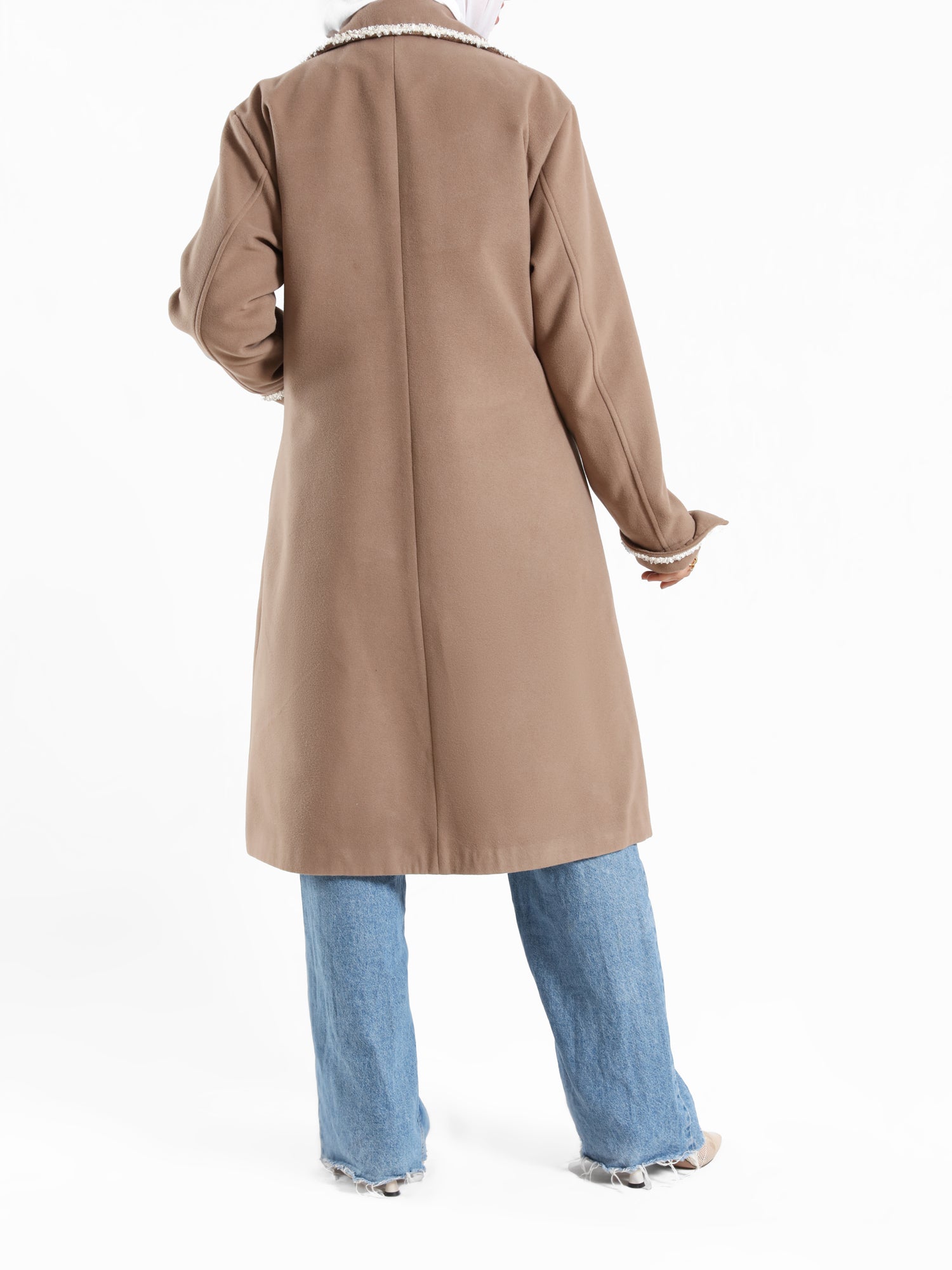 Elegant Wool Coat in warm wool fabric, available in olive and dark beige, blending modest style with seasonal comfort