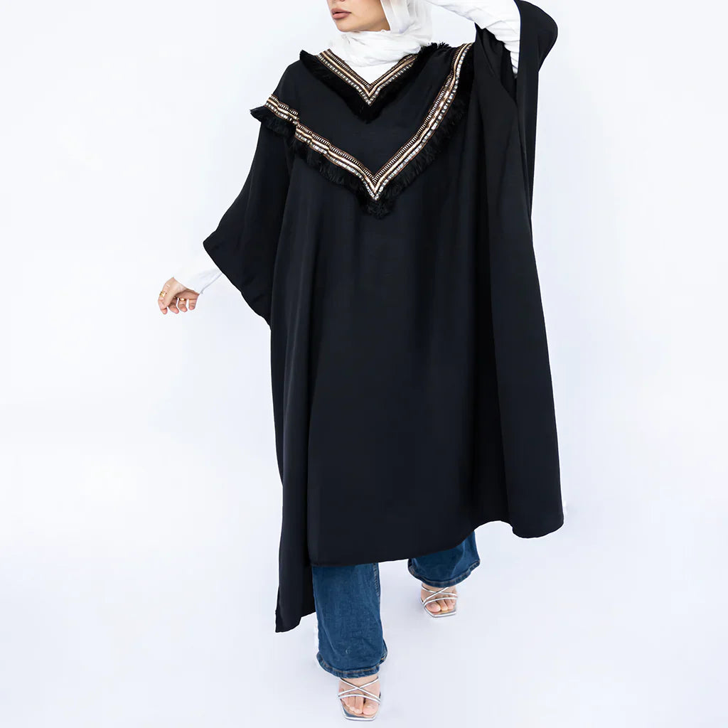 Enchanted V-Neck Cape in Turkish linen-cotton with imported Arabian taps and fluid drape, a striking free-size kaftan in beige, black, blue, or white