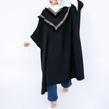 Enchanted V-Neck Cape in Turkish linen-cotton with imported Arabian taps and fluid drape, a striking free-size kaftan in beige, black, blue, or white