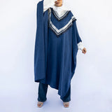 Enchanted V-Neck Cape in Turkish linen-cotton with imported Arabian taps and fluid drape, a striking free-size kaftan in beige, black, blue, or white