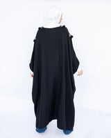 Enchanted V-Neck Cape in Turkish linen-cotton with imported Arabian taps and fluid drape, a striking free-size kaftan in beige, black, blue, or white