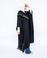 Enchanted V-Neck Cape in Turkish linen-cotton with imported Arabian taps and fluid drape, a striking free-size kaftan in beige, black, blue, or white