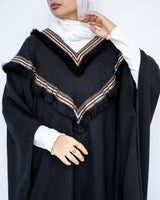 Enchanted V-Neck Cape in Turkish linen-cotton with imported Arabian taps and fluid drape, a striking free-size kaftan in beige, black, blue, or white