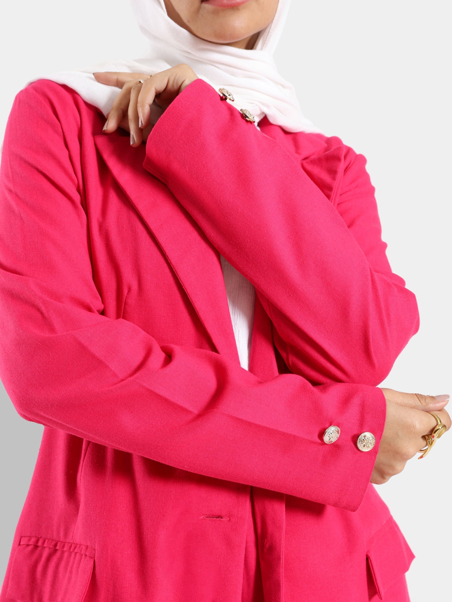 Executive Bloom Linen Jacket in 100% linen, a tailored modest piece in beige or pink for workwear or elegant summer events