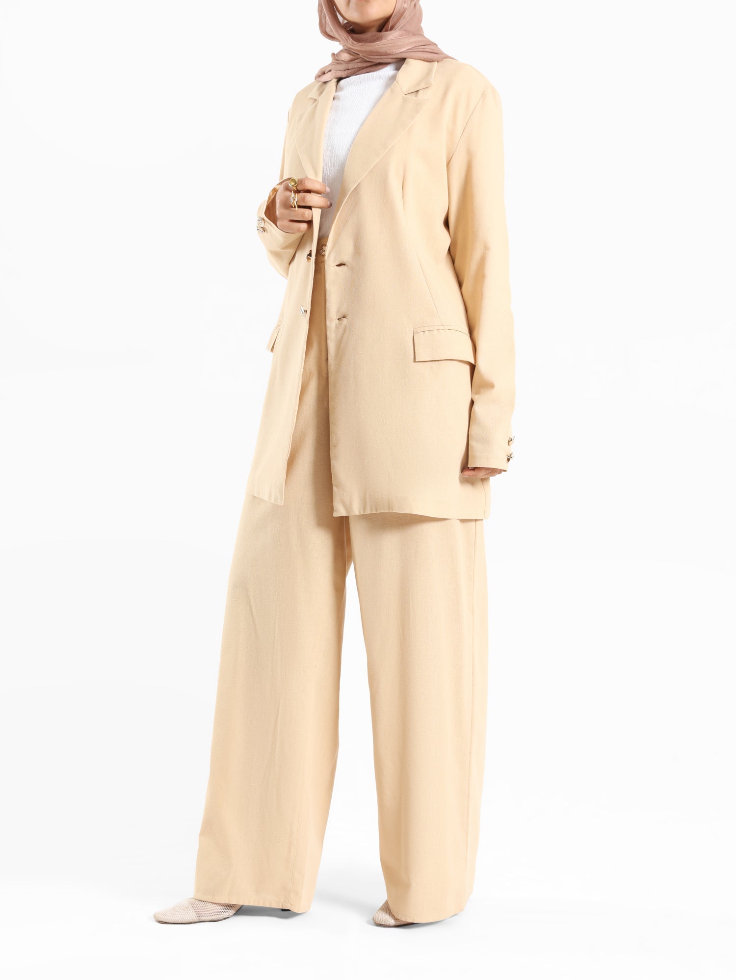 Executive Bloom Linen Set in 100% linen featuring tailored pants and long kaftan—modest sophistication in pink or beige for work and formal events