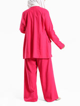 Executive Bloom Linen Set in 100% linen featuring tailored pants and long kaftan—modest sophistication in pink or beige for work and formal events