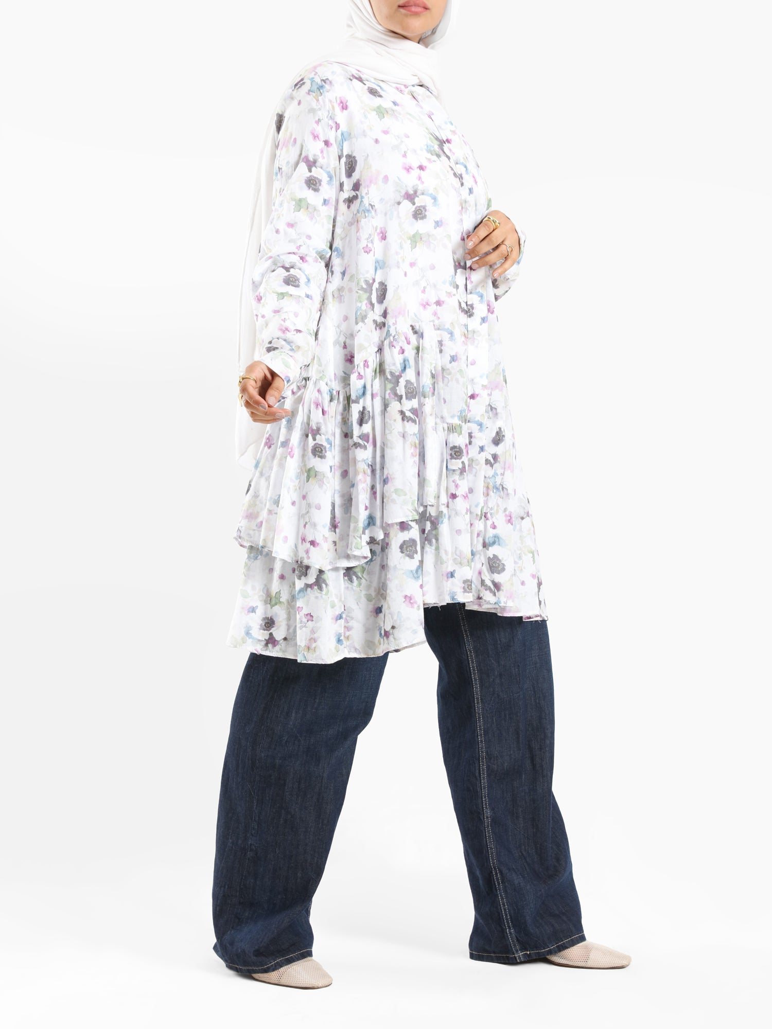 Floral Ruffle Shirt in voile fabric with modest ruffle design, available in white, purple, and yellow for summer wear