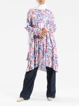 Floral Ruffle Shirt in voile fabric with modest ruffle design, available in white, purple, and yellow for summer wear